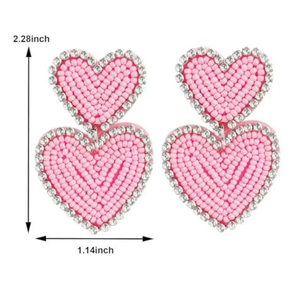 Pink Beaded Double Heart Drop Earrings‎ Rhinestone Border Statement Jewelry
